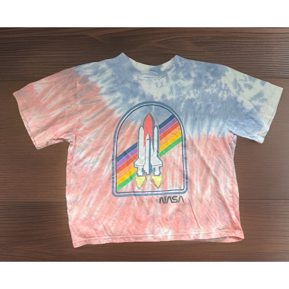 NASA Rainbow Space Shuttle Tie Dye Graphic T-Shirt Pastel Cotton Tee XS